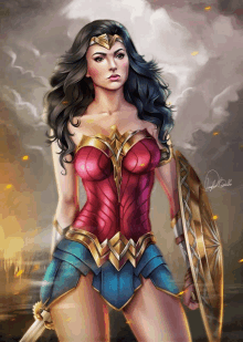 a painting of wonder woman holding a shield and a sword