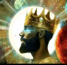 a man with a beard and a crown on his head is surrounded by planets