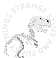 a skeleton of a dinosaur is surrounded by the words strange stuff and funny