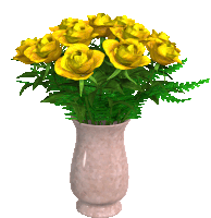 a vase with yellow flowers and green leaves