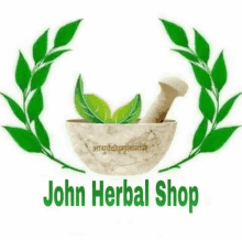 a logo for john herbal shop with a mortar and pestle and leaves