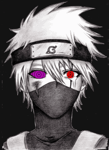 a black and white drawing of a person with purple eyes and a headband with a letter g on it