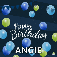 a birthday card for angie with blue and green balloons on a dark background