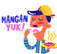 a cartoon of a man holding a plate of food with the words mangan yuk written below him