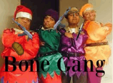 a group of men dressed in costumes are posing for a picture with the words bone gang written on the bottom