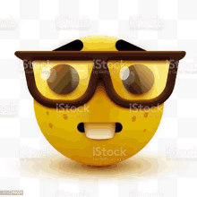 the smiley face is wearing glasses and has a surprised look on its face .