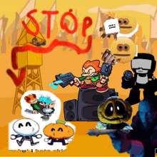 a stop sign is surrounded by cartoon characters and smiley faces