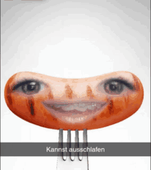 a sausage with a face on it is on a fork with the words kannst ausschlafen