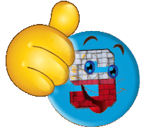 a smiley face giving a thumbs up next to a blue button