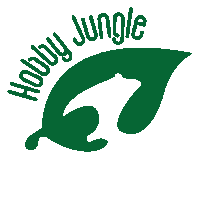 a green logo for hobby jungle with a frog and leaf