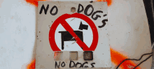 a sign that says no dogs on it with a dog in a red circle