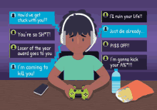 a cartoon of a boy playing a video game with messages coming out of his headphones