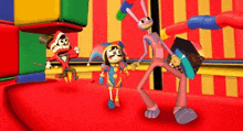 a group of cartoon characters are standing next to each other in a room .