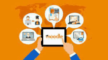 a person is holding a tablet with a moodle logo on the screen .