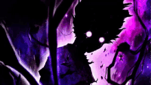 a purple and black painting of a monster with glowing eyes in a dark forest .