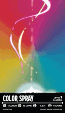 a poster of a color spray with a rainbow background and a swirl of light coming out of it .