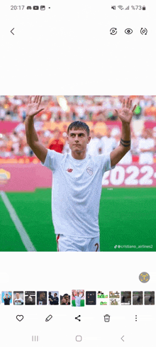 a soccer player is standing on a field with his arms in the air