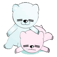 a blue bear is laying on top of a pink bear with a sad face .