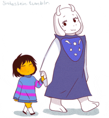 a drawing of a little girl holding the hand of a larger cartoon character with the name sintaslein tumblr written below them