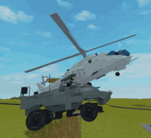 a helicopter is sitting on top of a military vehicle in a video game