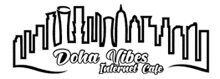 a black and white logo for a restaurant called doha vibes internet cafe