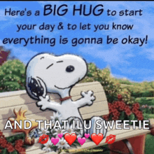 a picture of snoopy sitting on a bench with a big hug written on it