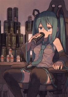 hatsune miku is sitting in a chair drinking a drink from a can .