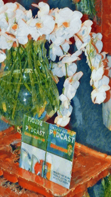 a painting of a vase of white flowers next to a book titled figure entrepreneur podcast