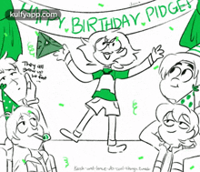 a black and white drawing of a birthday party with the words happy birthday pidge on the banner