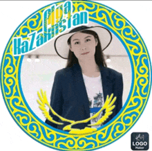 a woman in a blue jacket and white hat is in a blue and yellow circle that says ' kazakhstan '