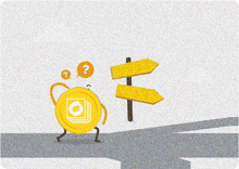 a cartoon illustration of a coin with arms and legs walking towards a yellow sign with arrows pointing in opposite directions