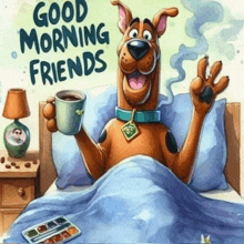 scooby doo is laying in bed holding a cup of coffee and waving