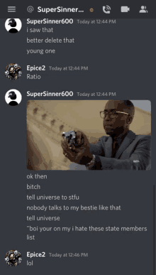 a screenshot of a discord conversation between supersinner and epice2