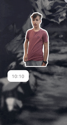 a sticker of a boy in a pink shirt has the time 10:10 on it