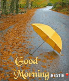 a yellow umbrella is sitting on the side of a wet road .