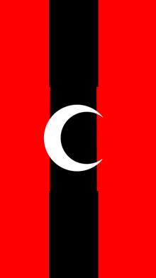 a red and black flag with a white crescent moon on it