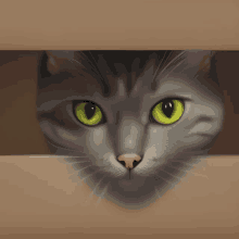 a cat with yellow eyes is peeking out of a box