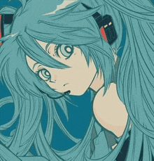 a drawing of a girl with long blue hair and headphones on