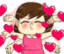 a girl in a pink dress is surrounded by hearts and has the number 3 on her face