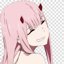 zero two from darling in the franxx is a pink anime girl with horns .