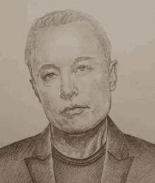 a pencil drawing of elon musk with a black shirt