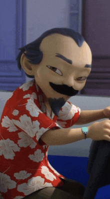 a cartoon character with a mustache is wearing a floral shirt