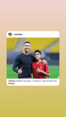 a picture of cristiano giving a thumbs up next to a young boy