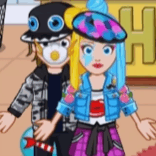 a boy wearing a mask and a girl wearing a hat are standing next to each other in a cartoon .