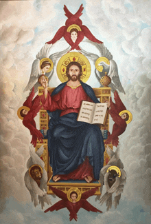 a painting of jesus on a throne with angels surrounding him