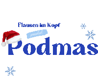 the word podmas is on a white background with snowflakes