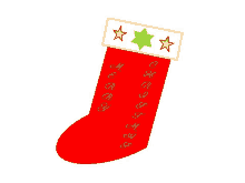 a red christmas stocking with three green stars on the top