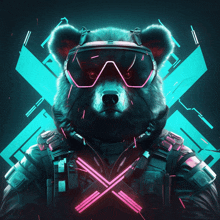 a bear wearing goggles and a jacket with the letter x crossed over it