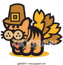 a cartoon cat dressed as a turkey for thanksgiving wearing a pilgrim hat .