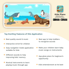 a screenshot of a kids piano app with a frog seal and dolphin